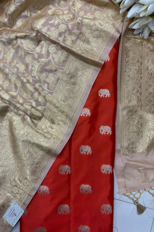 Orange Banarasi Mashru Silk Elephant Design Suit With Pastel Banarasi Silk Shikargah Dupatta - Luxurion World