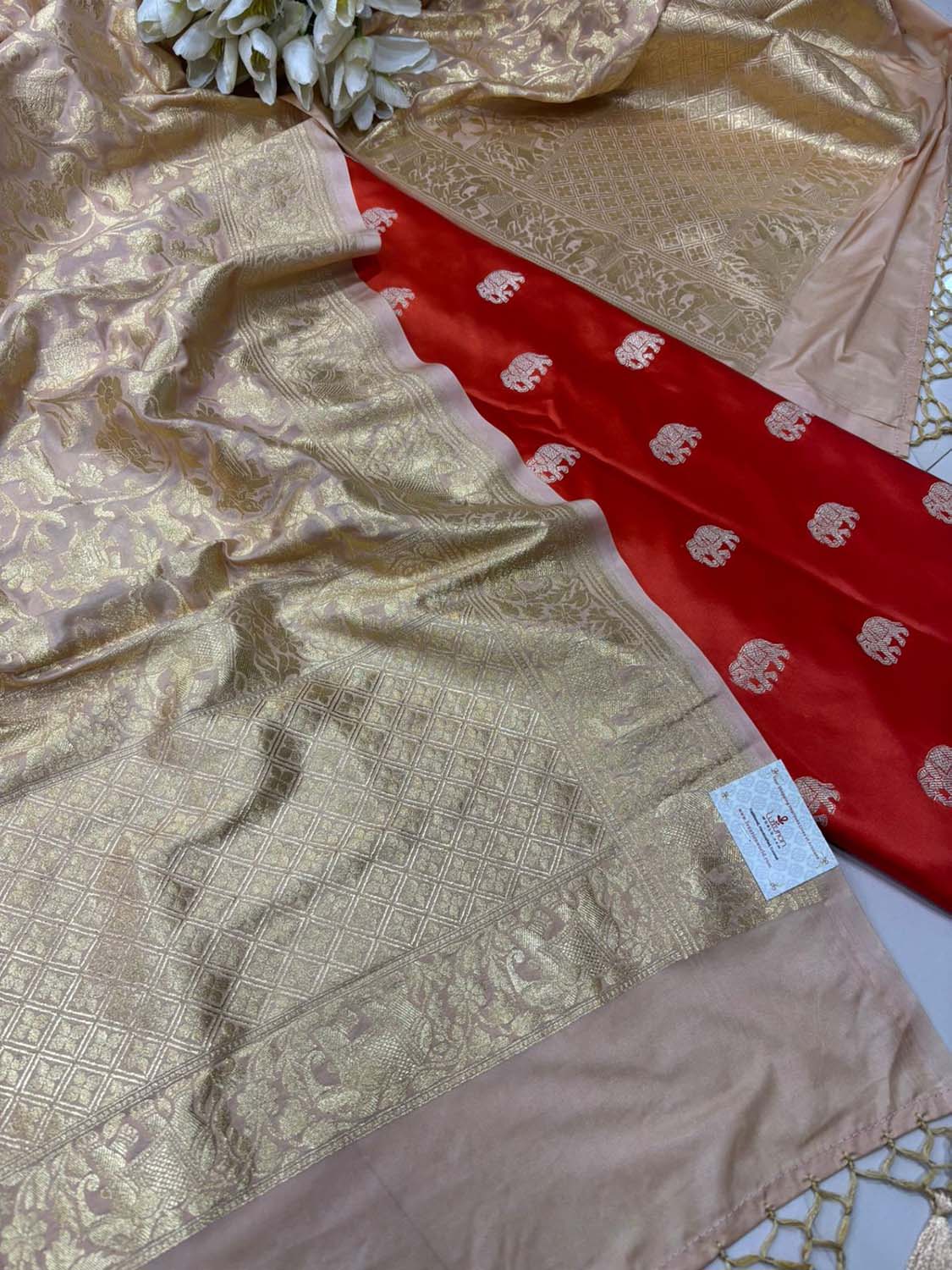 Orange Banarasi Mashru Silk Elephant Design Suit With Pastel Banarasi Silk Shikargah Dupatta - Luxurion World