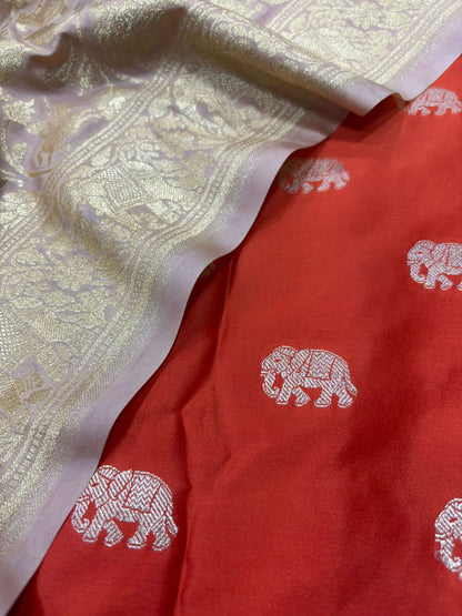 Orange Banarasi Mashru Silk Elephant Design Suit With Pastel Banarasi Silk Shikargah Dupatta - Luxurion World