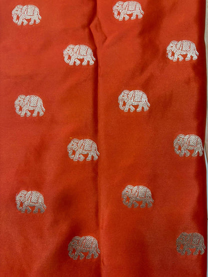 Orange Banarasi Mashru Silk Elephant Design Suit With Pastel Banarasi Silk Shikargah Dupatta - Luxurion World