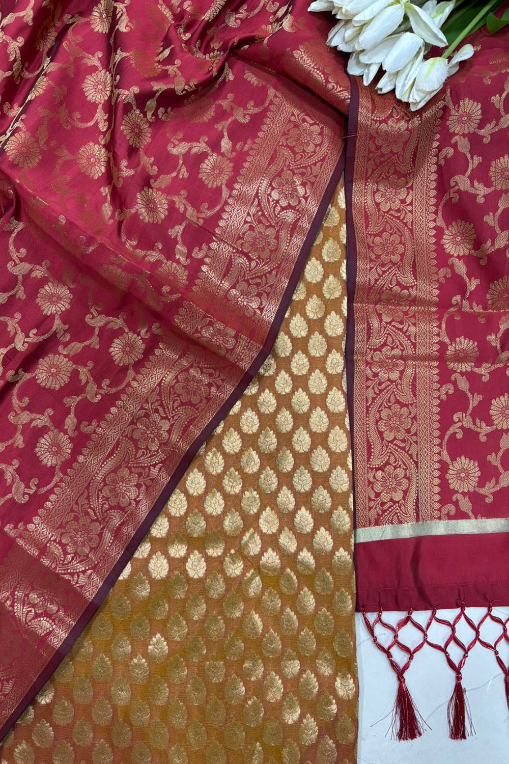 Orange Banarasi Silk Suit With Maroon Banarasi Silk Dupatta - Luxurion World