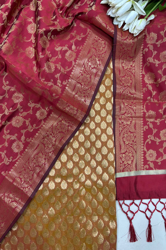 Orange Banarasi Silk Suit With Maroon Banarasi Silk Dupatta - Luxurion World