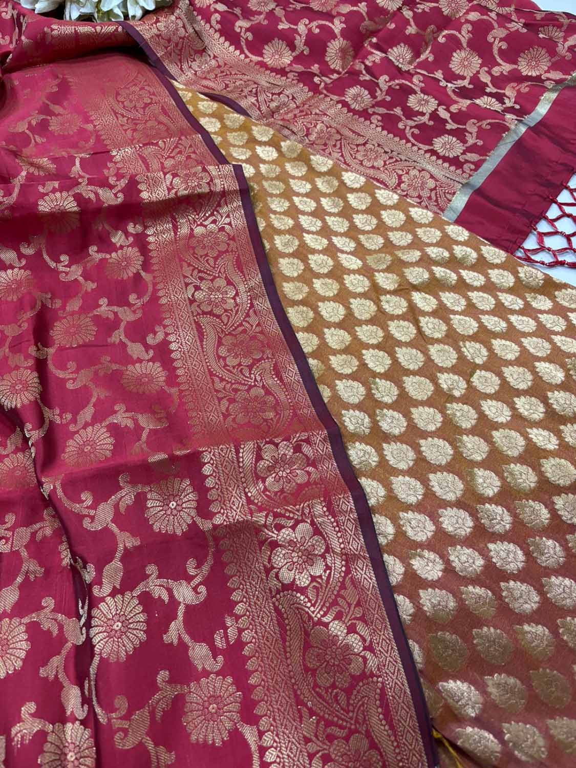 Orange Banarasi Silk Suit With Maroon Banarasi Silk Dupatta - Luxurion World