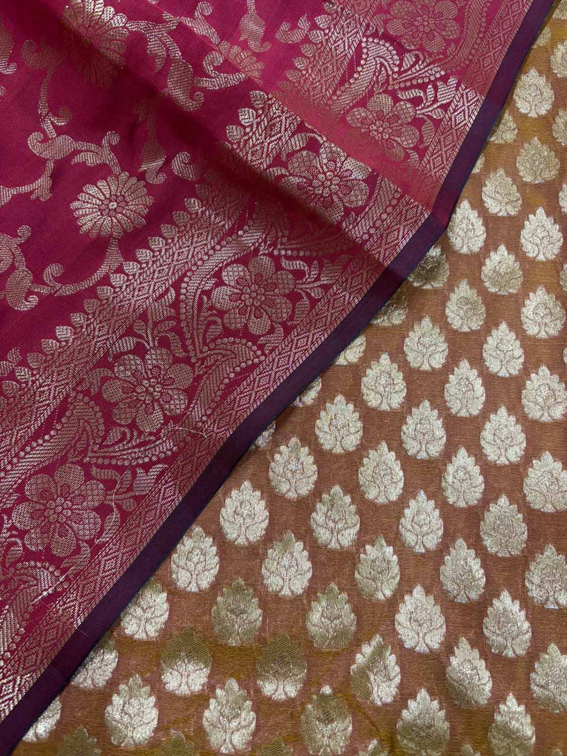 Orange Banarasi Silk Suit With Maroon Banarasi Silk Dupatta - Luxurion World