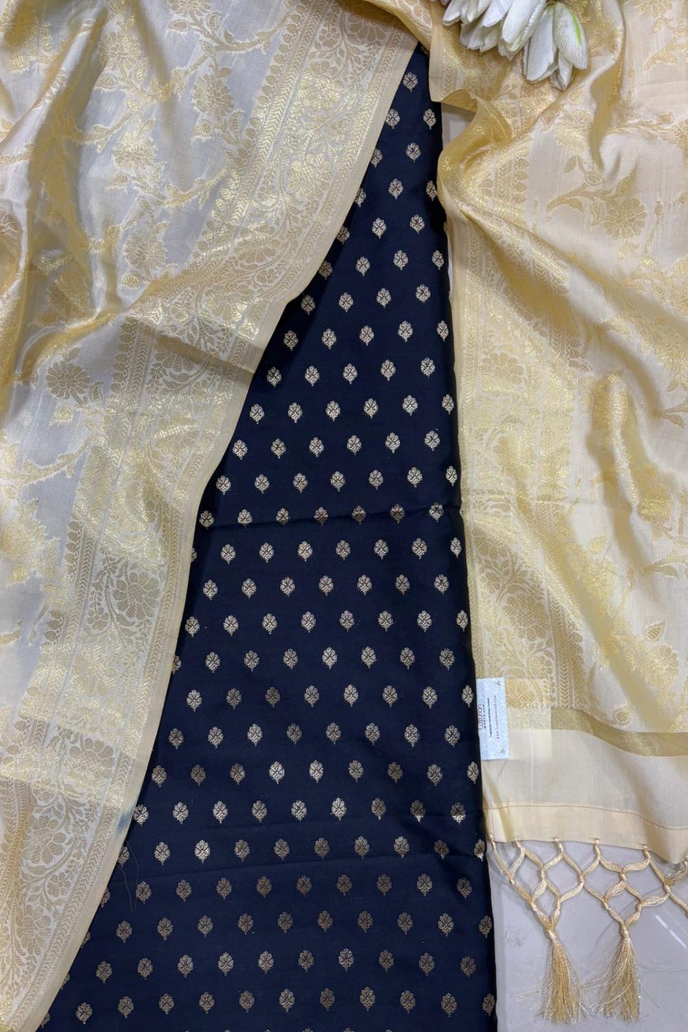 Black Banarasi Silk Small Booti Design Suit With Pastel Banarasi Silk Dupatta - Luxurion World