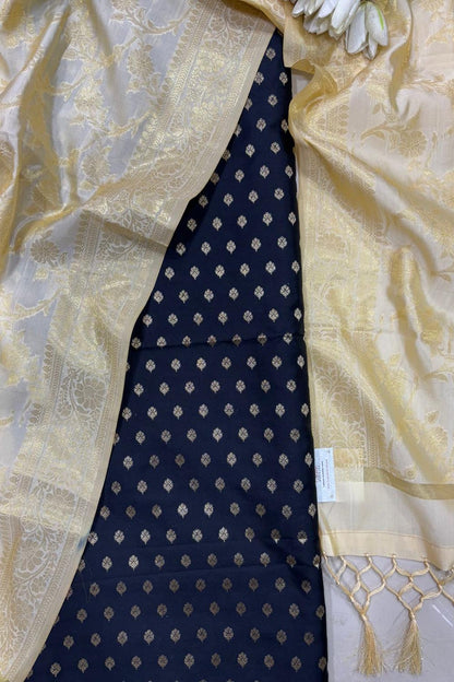 Black Banarasi Silk Small Booti Design Suit With Pastel Banarasi Silk Dupatta - Luxurion World