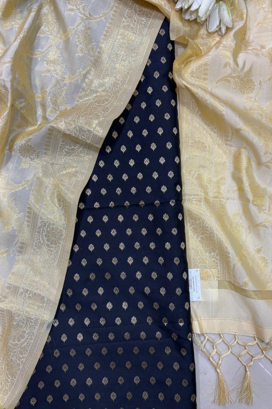 Black Banarasi Silk Small Booti Design Suit With Pastel Banarasi Silk Dupatta - Luxurion World