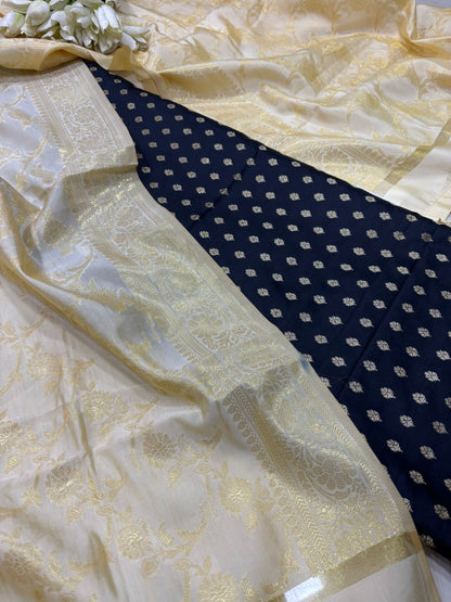 Black Banarasi Silk Small Booti Design Suit With Pastel Banarasi Silk Dupatta - Luxurion World