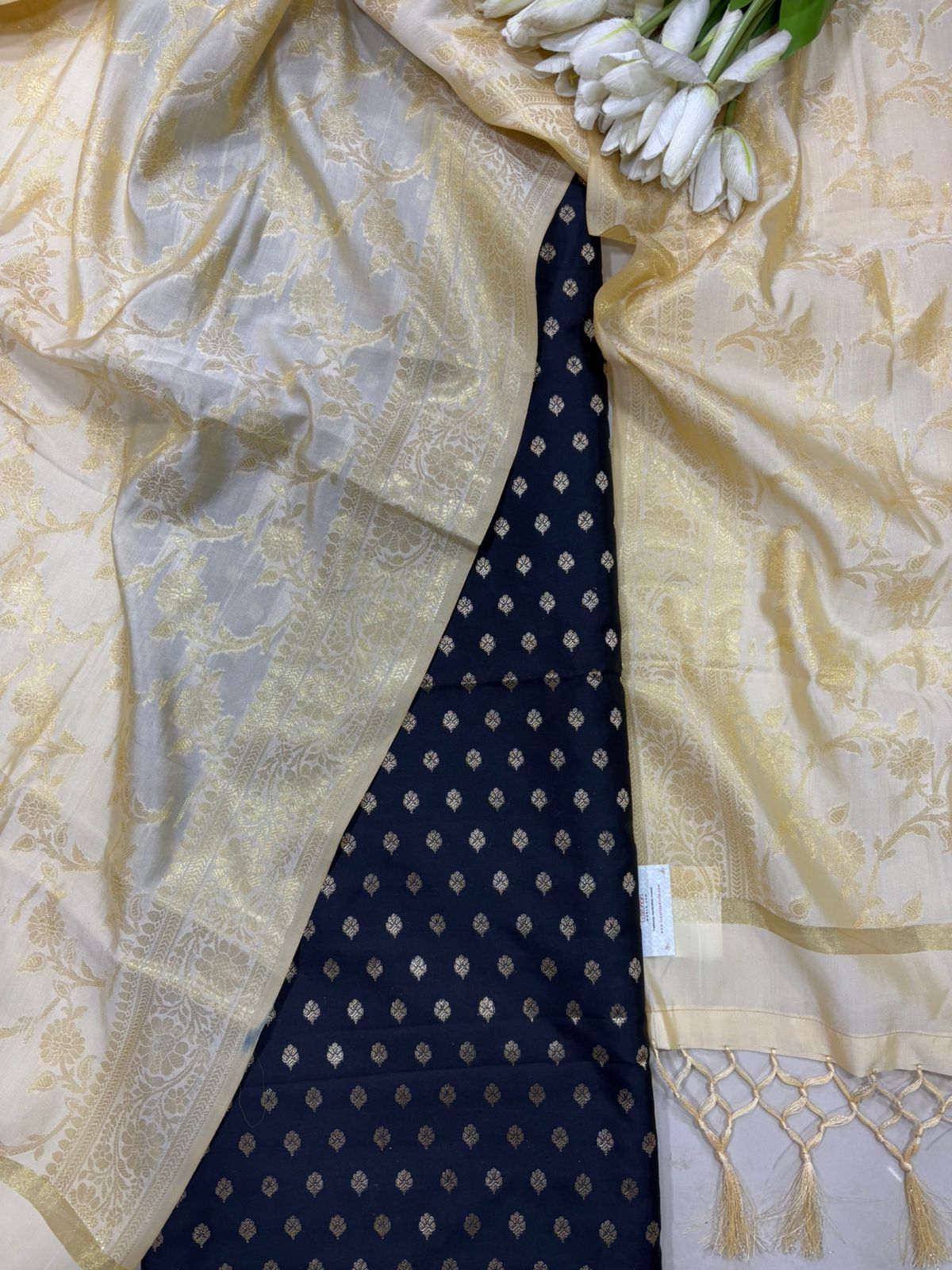 Black Banarasi Silk Small Booti Design Suit With Pastel Banarasi Silk Dupatta - Luxurion World