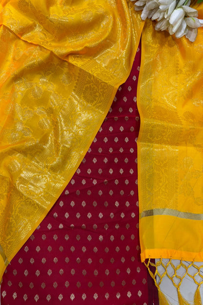 Red Banarasi Silk Small Booti Design Suit With Yellow Banarasi Silk Dupatta - Luxurion World