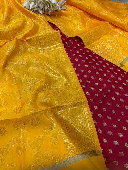 Red Banarasi Silk Small Booti Design Suit With Yellow Banarasi Silk Dupatta - Luxurion World
