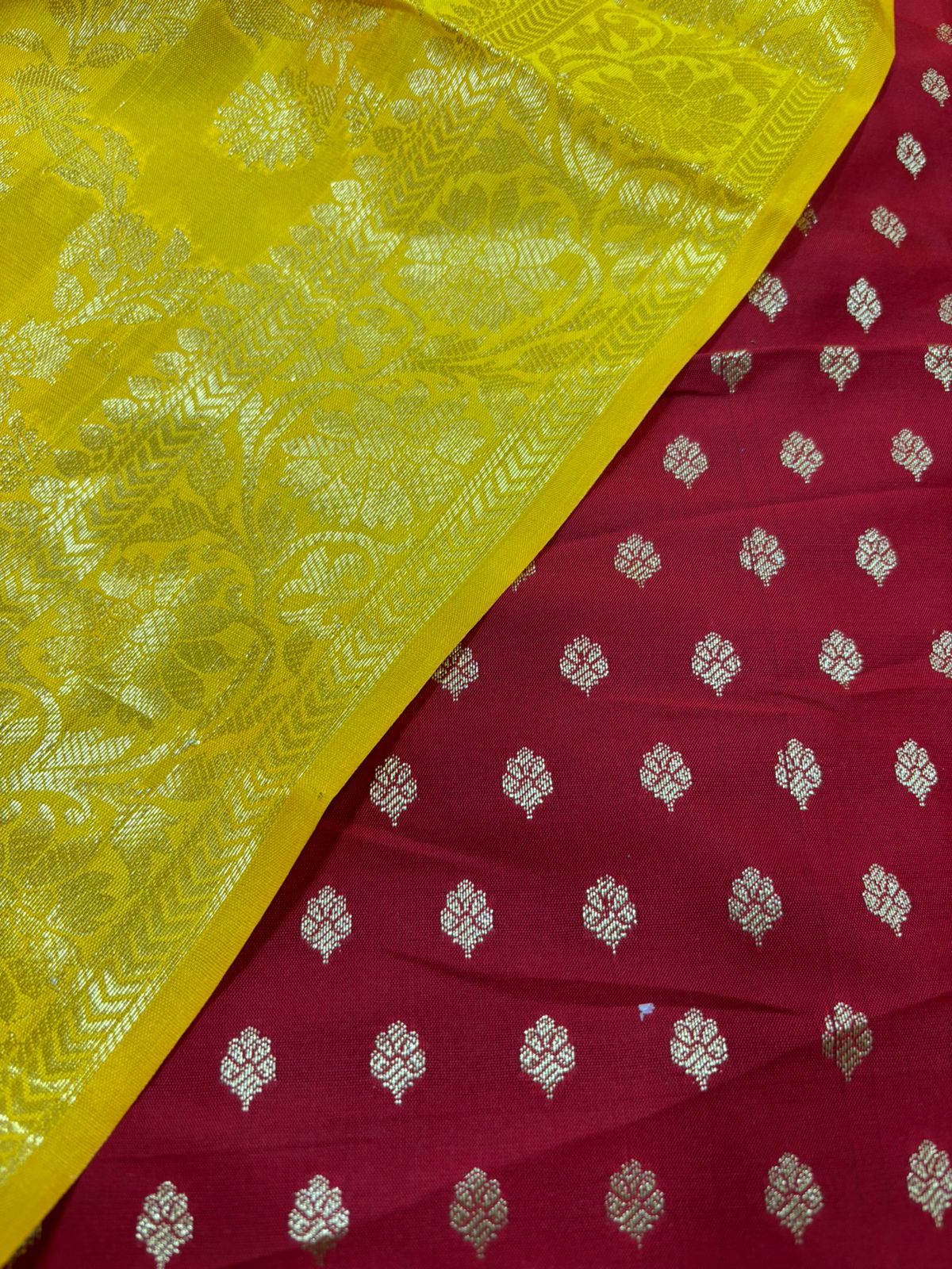 Red Banarasi Silk Small Booti Design Suit With Yellow Banarasi Silk Dupatta - Luxurion World