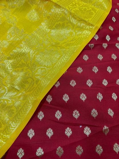 Red Banarasi Silk Small Booti Design Suit With Yellow Banarasi Silk Dupatta - Luxurion World
