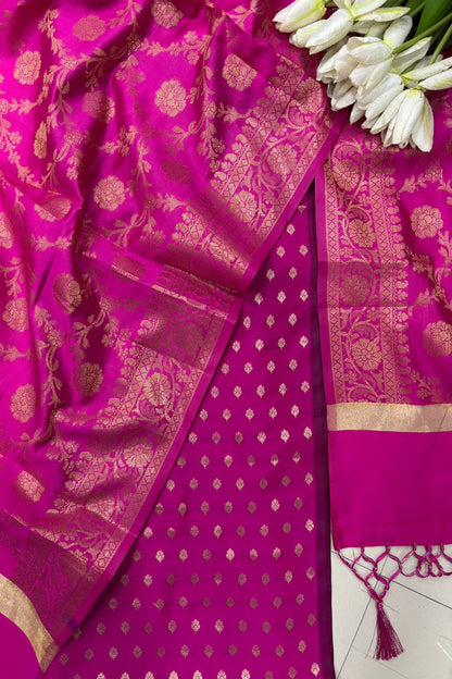 Pink Banarasi Silk Small Booti Design Suit With Pink Banarasi Silk Dupatta - Luxurion World
