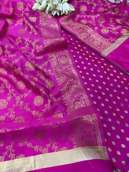 Pink Banarasi Silk Small Booti Design Suit With Pink Banarasi Silk Dupatta - Luxurion World