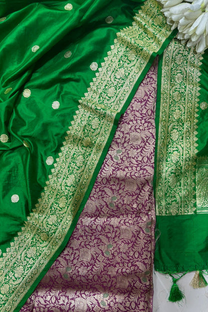 Purple Handloom Banarasi Pure Katan Silk Brocade Meenakari Double Zari Suit With Green Handloom Banarasi Pure Katan Silk Dupatta - Luxurion World