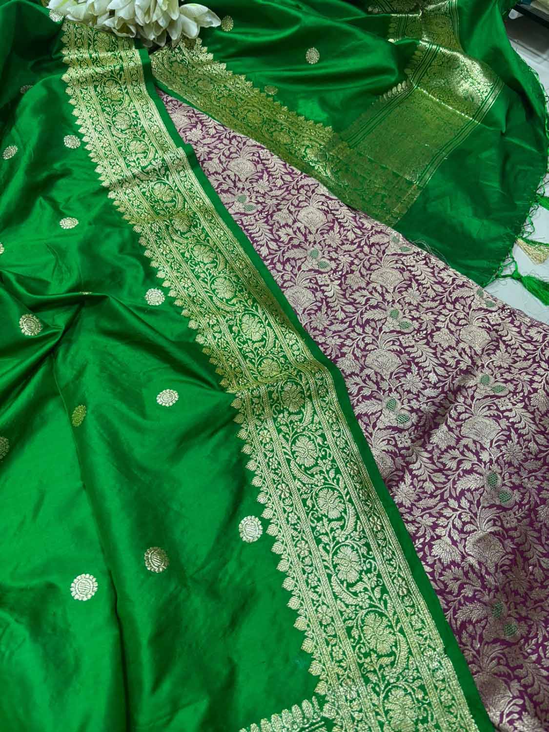 Purple Handloom Banarasi Pure Katan Silk Brocade Meenakari Double Zari Suit With Green Handloom Banarasi Pure Katan Silk Dupatta - Luxurion World