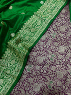 Purple Handloom Banarasi Pure Katan Silk Brocade Meenakari Double Zari Suit With Green Handloom Banarasi Pure Katan Silk Dupatta - Luxurion World