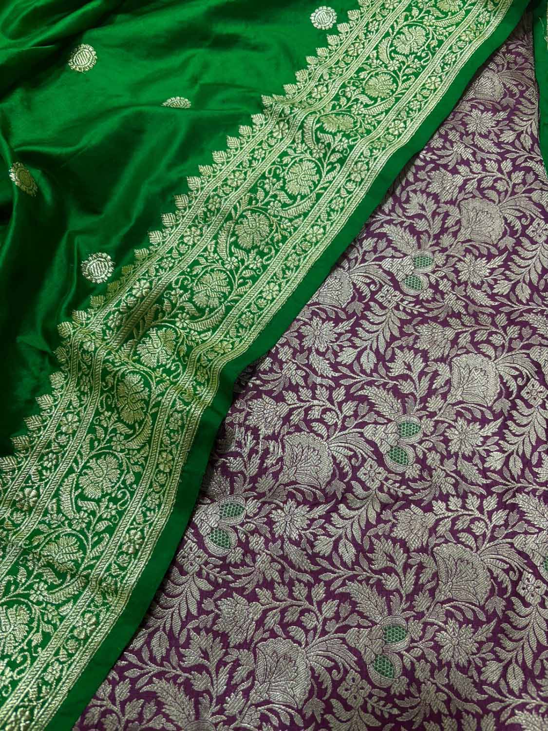 Purple Handloom Banarasi Pure Katan Silk Brocade Meenakari Double Zari Suit With Green Handloom Banarasi Pure Katan Silk Dupatta - Luxurion World