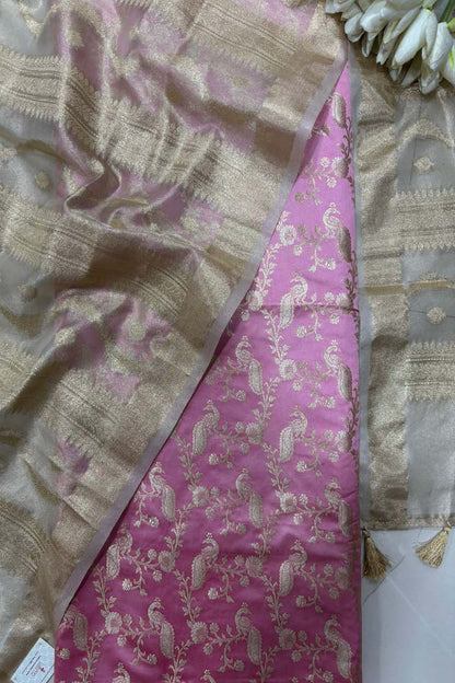 Pink Banarasi Mashru Silk Peacock And Flower Design Suit With Dyeable Banarasi Tissue Silk Dupatta - Luxurion World