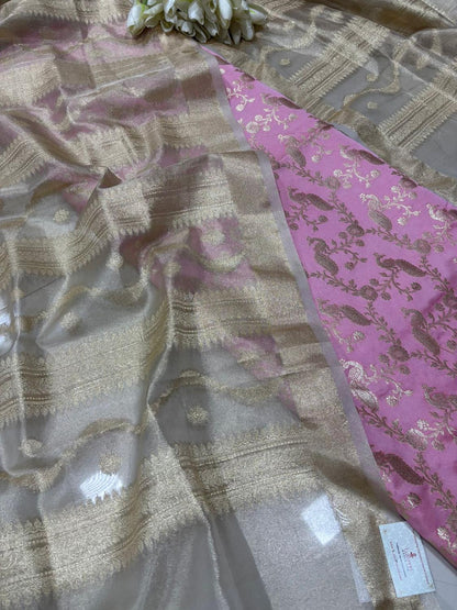 Pink Banarasi Mashru Silk Peacock And Flower Design Suit With Dyeable Banarasi Tissue Silk Dupatta - Luxurion World