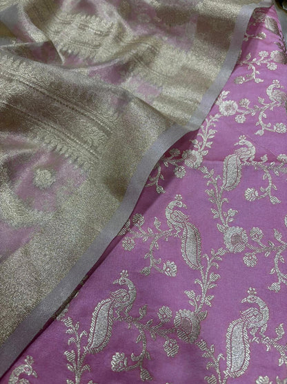 Pink Banarasi Mashru Silk Peacock And Flower Design Suit With Dyeable Banarasi Tissue Silk Dupatta - Luxurion World