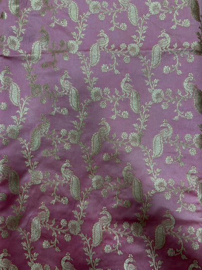Pink Banarasi Mashru Silk Peacock And Flower Design Suit With Dyeable Banarasi Tissue Silk Dupatta - Luxurion World