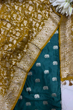 Green Banarasi Mashru Silk Elephant Design Suit With Mustard Yellow Banarasi Silk Shikargah Design Dupatta - Luxurion World