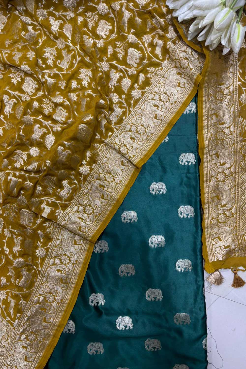 Green Banarasi Mashru Silk Elephant Design Suit With Mustard Yellow Banarasi Silk Shikargah Design Dupatta - Luxurion World