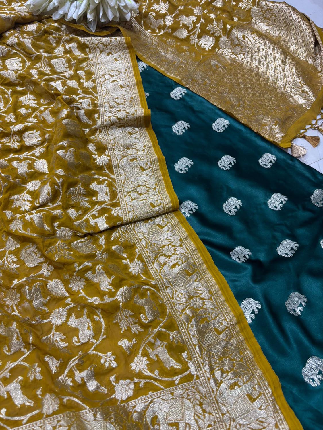 Green Banarasi Mashru Silk Elephant Design Suit With Mustard Yellow Banarasi Silk Shikargah Design Dupatta - Luxurion World