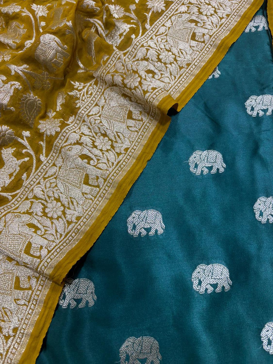 Green Banarasi Mashru Silk Elephant Design Suit With Mustard Yellow Banarasi Silk Shikargah Design Dupatta - Luxurion World