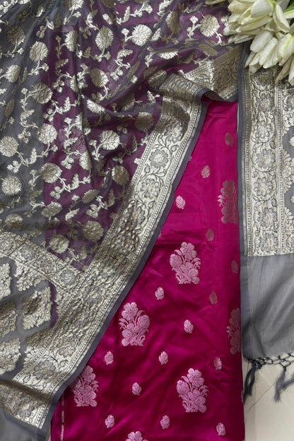 Pink Banarasi Mashru Silk Flower Design Suit With Grey Banarasi Organza Dupatta - Luxurion World