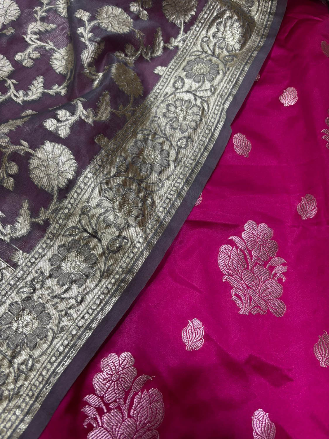 Pink Banarasi Mashru Silk Flower Design Suit With Grey Banarasi Organza Dupatta - Luxurion World