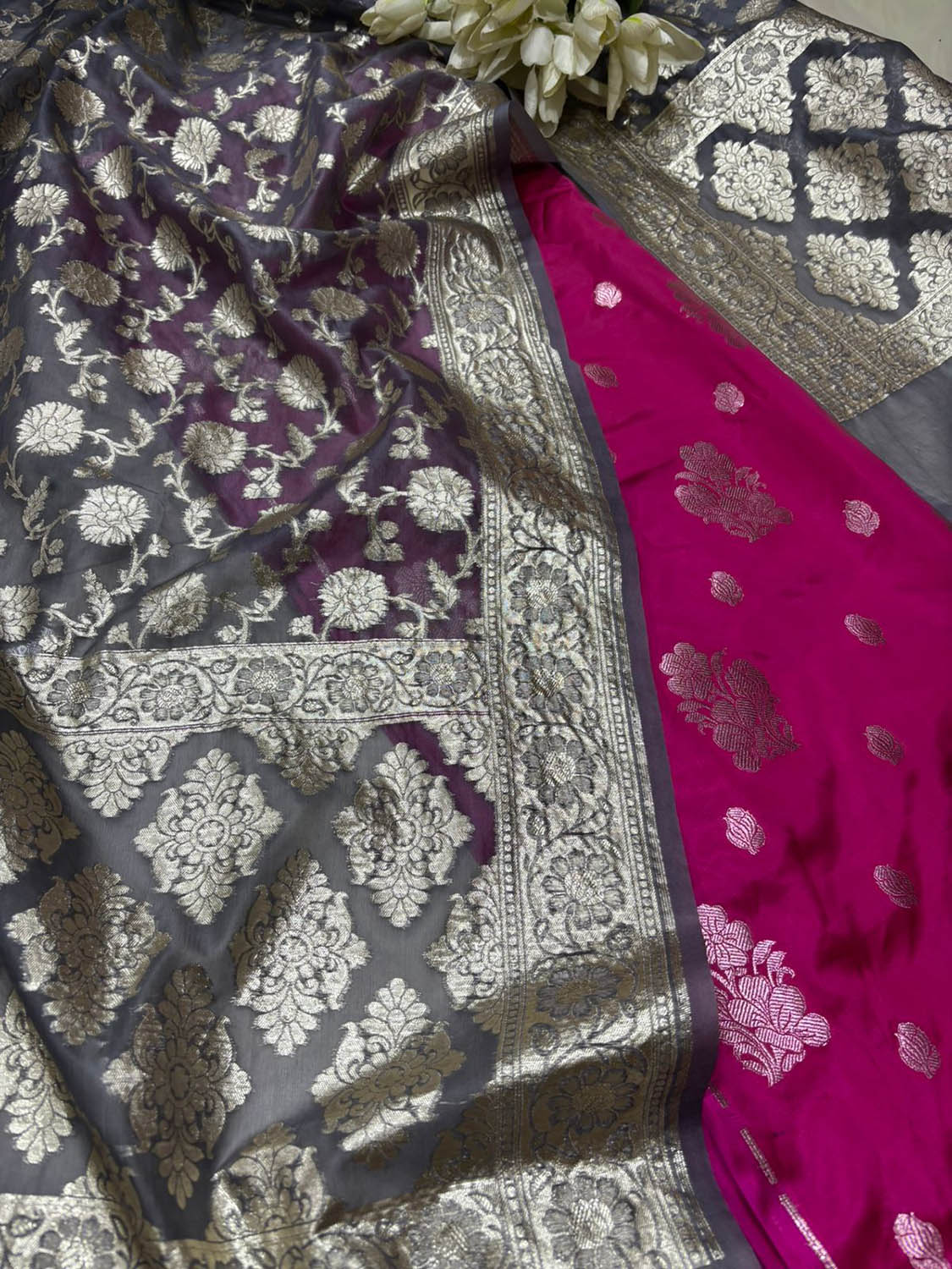 Pink Banarasi Mashru Silk Flower Design Suit With Grey Banarasi Organza Dupatta - Luxurion World