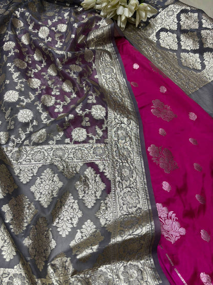Pink Banarasi Mashru Silk Flower Design Suit With Grey Banarasi Organza Dupatta - Luxurion World