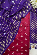 Red Banarasi Mashru Silk Deer Design Suit With Purple Banarasi Silk Sona Roopa Dupatta - Luxurion World