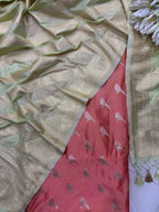 Peach Banarasi Mashru Silk Bird Design Suit With Green Banarasi Silk Dupatta - Luxurion World