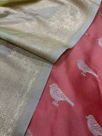 Peach Banarasi Mashru Silk Bird Design Suit With Green Banarasi Silk Dupatta - Luxurion World