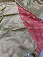 Peach Banarasi Mashru Silk Bird Design Suit With Green Banarasi Silk Dupatta - Luxurion World
