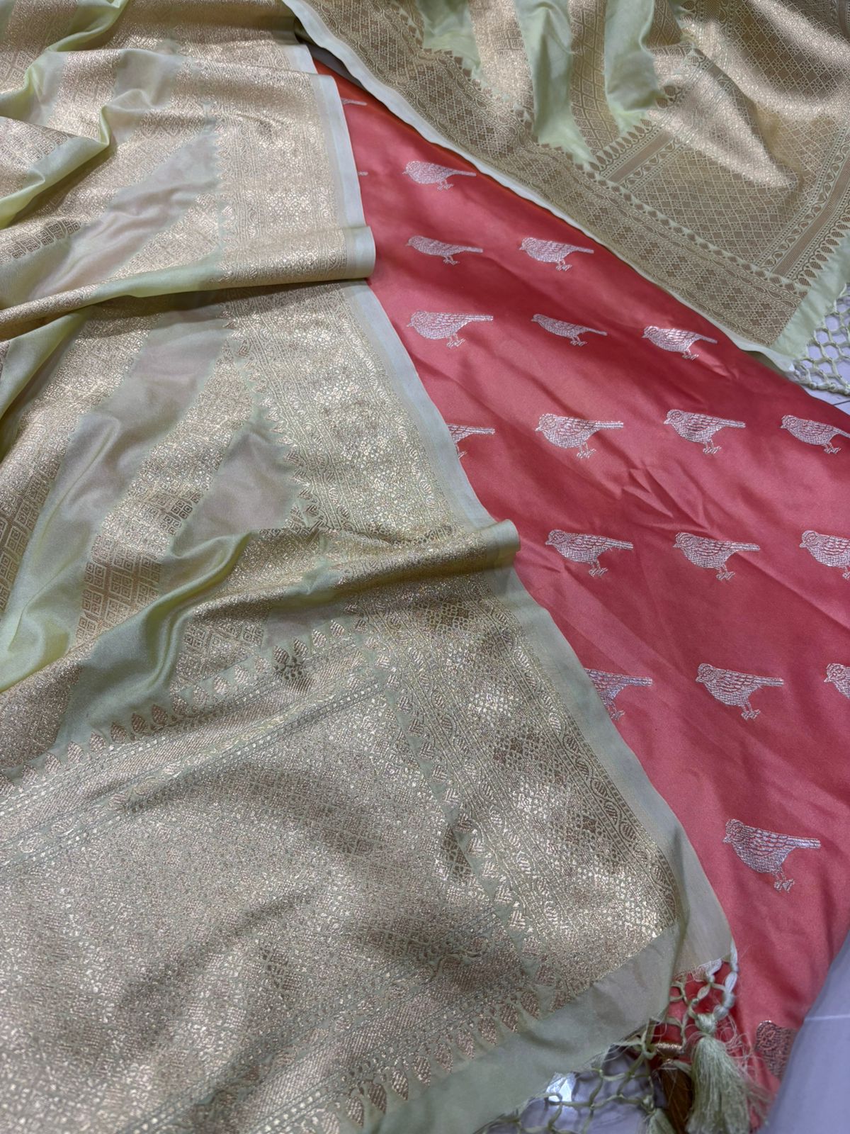 Peach Banarasi Mashru Silk Bird Design Suit With Green Banarasi Silk Dupatta - Luxurion World