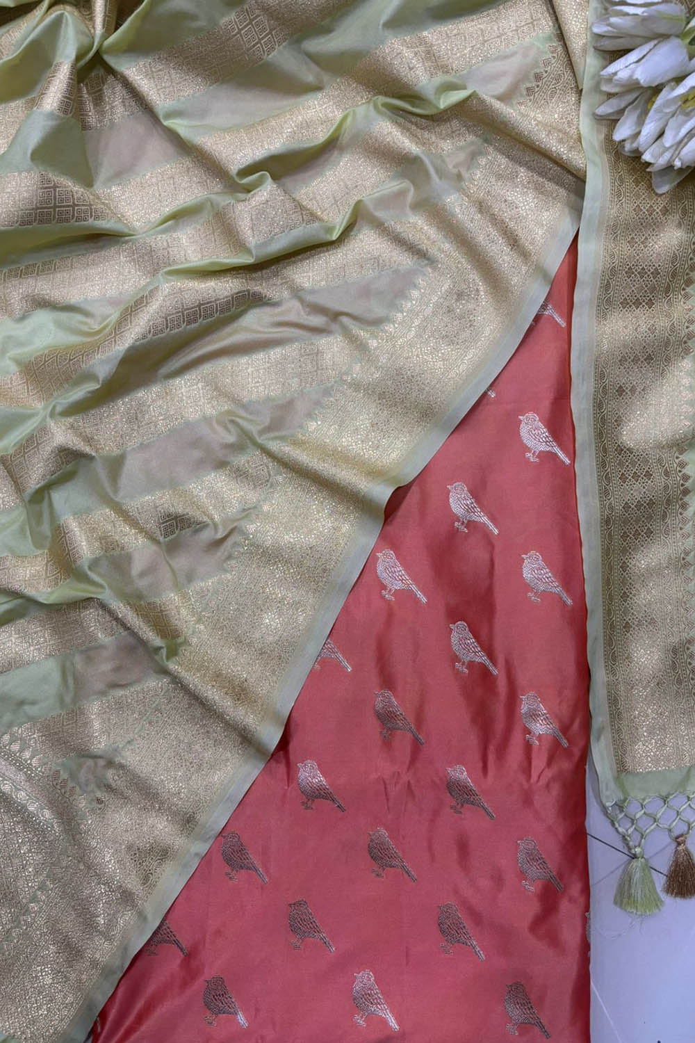 Peach Banarasi Mashru Silk Bird Design Suit With Green Banarasi Silk Dupatta - Luxurion World