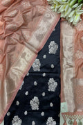 Black Banarasi Mashru Silk Flower Design Suit With Peach Banarasi Silk Dupatta - Luxurion World