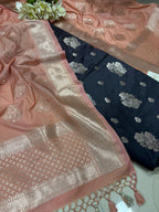 Black Banarasi Mashru Silk Flower Design Suit With Peach Banarasi Silk Dupatta - Luxurion World