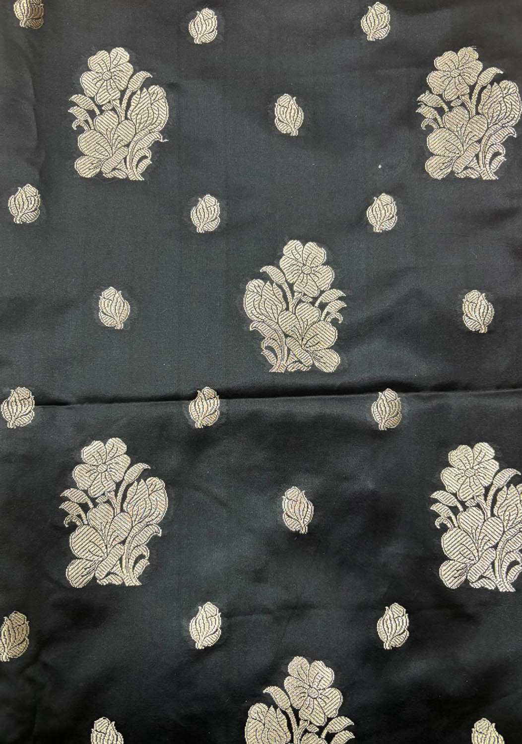 Black Banarasi Mashru Silk Flower Design Suit With Peach Banarasi Silk Dupatta - Luxurion World