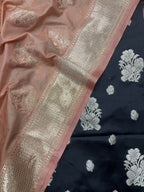Black Banarasi Mashru Silk Flower Design Suit With Peach Banarasi Silk Dupatta - Luxurion World