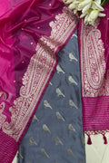 Grey Banarasi Mashru Silk Bird Design Suit With Pink Banarasi Organza Silk Dupatta - Luxurion World