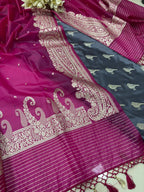 Grey Banarasi Mashru Silk Bird Design Suit With Pink Banarasi Organza Silk Dupatta - Luxurion World
