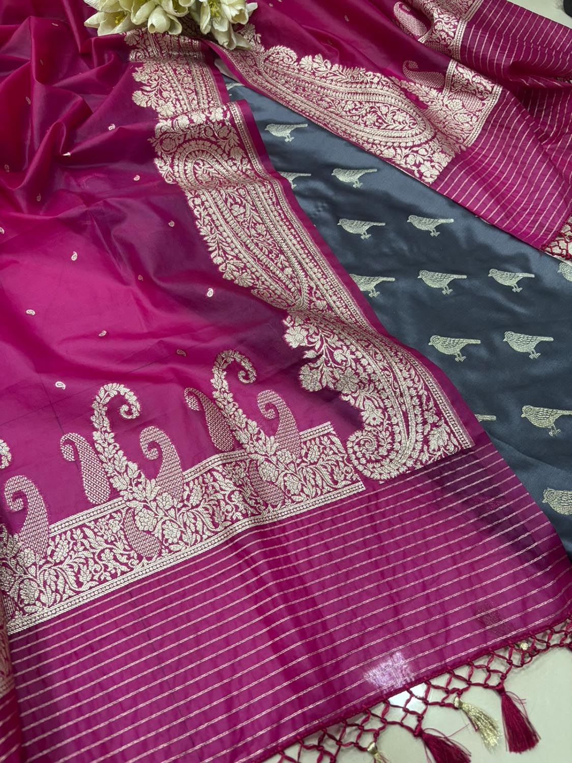 Grey Banarasi Mashru Silk Bird Design Suit With Pink Banarasi Organza Silk Dupatta - Luxurion World