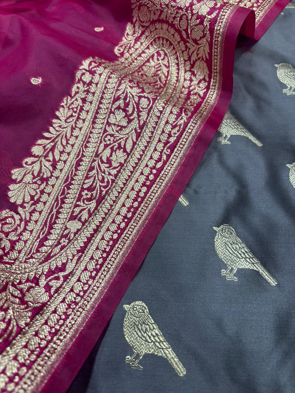Grey Banarasi Mashru Silk Bird Design Suit With Pink Banarasi Organza Silk Dupatta - Luxurion World