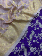Purple Banarasi Mashru Silk Peacock And Flower Design Suit With Pink Banarasi Silk Dupatta - Luxurion World